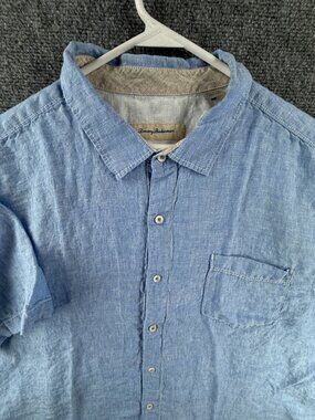 Tommy Bahama Short Sleeve Linen 2XL Blue Pocket Beach Solid Button Up Shirt Men
